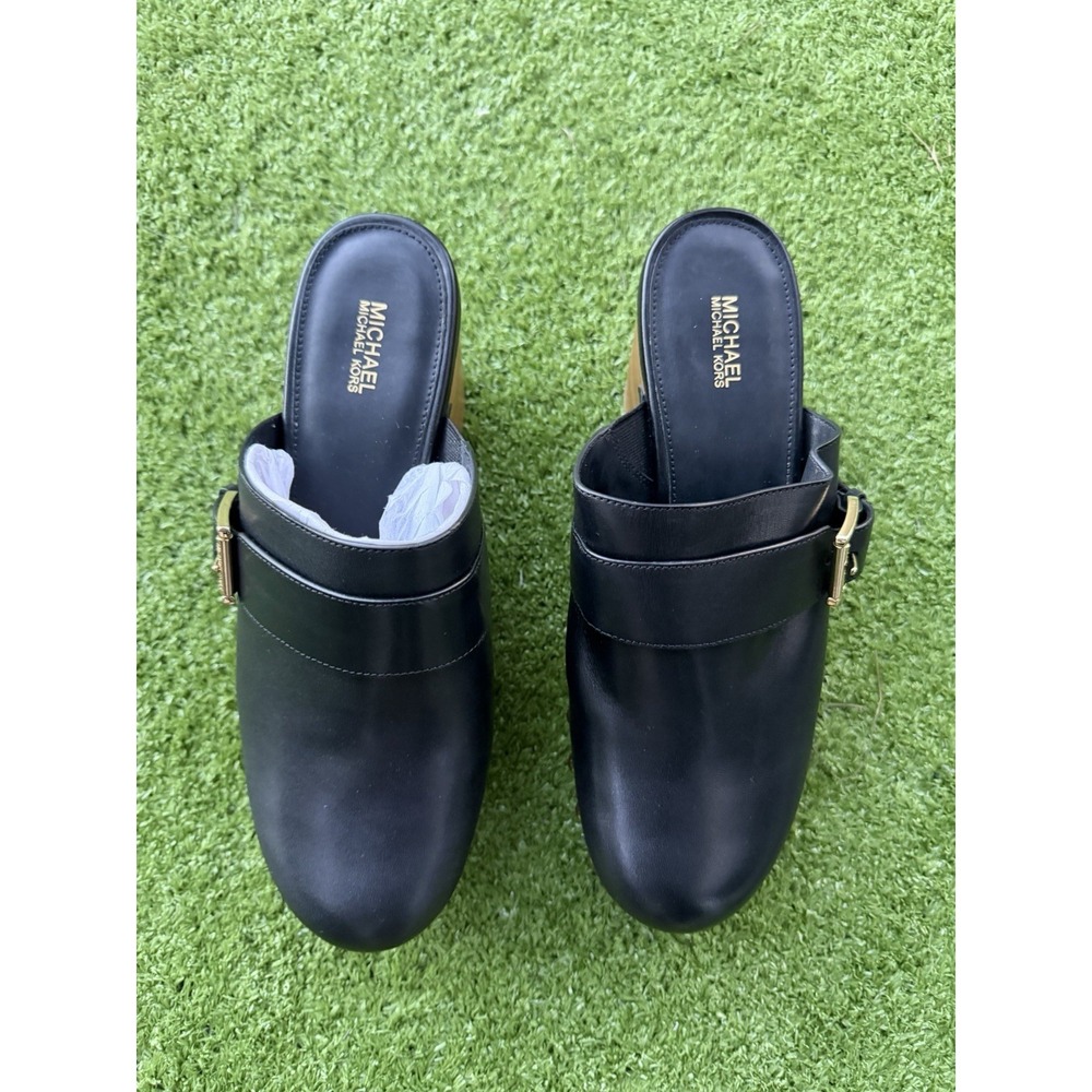 NIB Michael Kors Rye Platform Clogs Black Leather Gold Studded Mule 9M - Picture 3 of 9